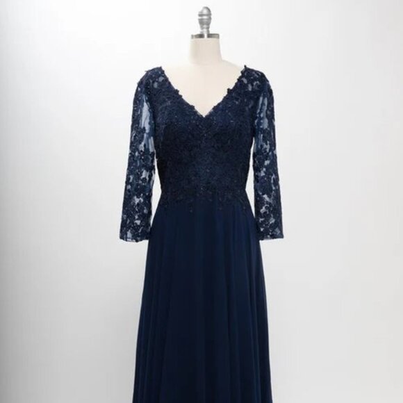 New A-Line Formal Floral Lace Embellished MOB Maxi Gown w/ 3/4 Sleeves TC M2758Q